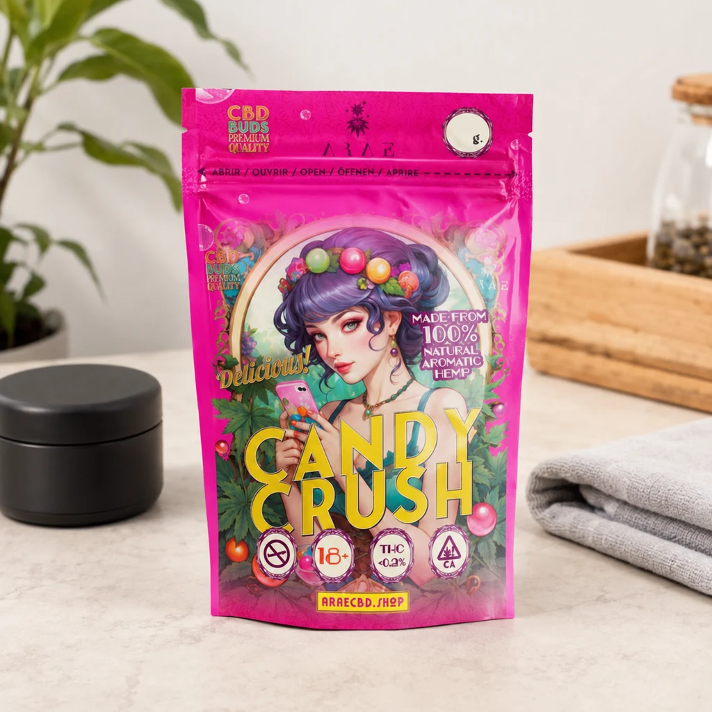 Bolsa rosa Candy Crush con cierre, ilustración de una joven y letras amarillas, sobre una encimera junto a un recipiente negro y una toalla.