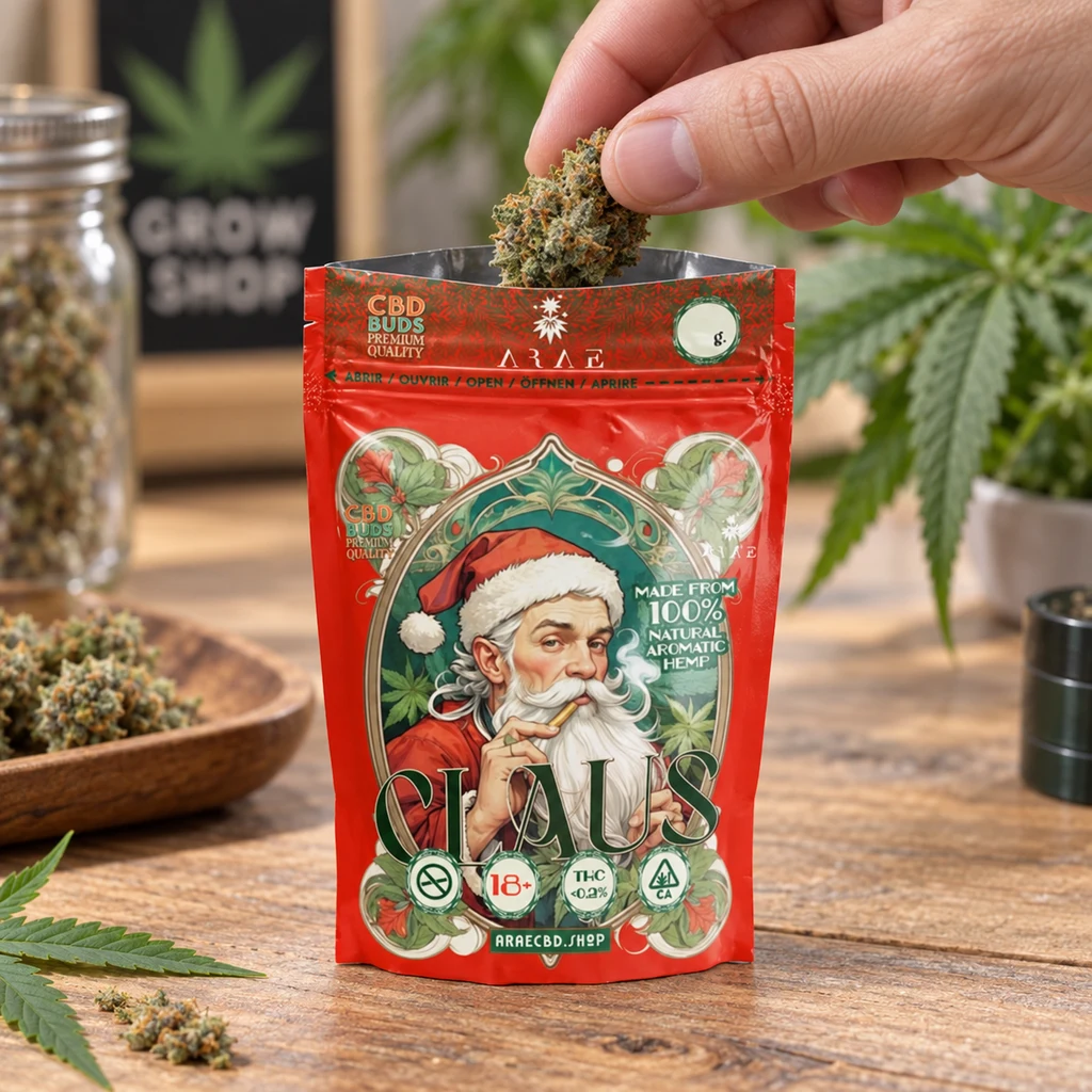 Escena generada de una mano introduciendo un cogollo en una bolsa roja Claus con ilustración de Papá Noel, sobre una mesa de madera.