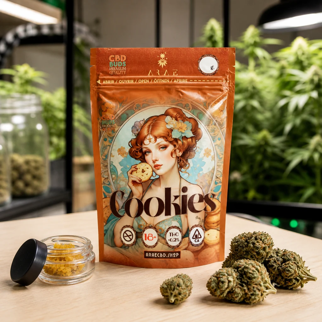 Bolsa naranja Cookies con cierre y una mujer ilustrada, sobre una mesa con cogollos y un tarro abierto, con plantas al fondo.