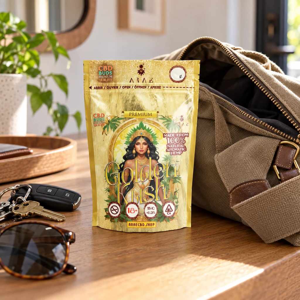 Bolsa dorada Golden Kush con cierre superior e ilustración de una mujer, sobre una mesa junto a un bolso abierto, llaves y gafas.