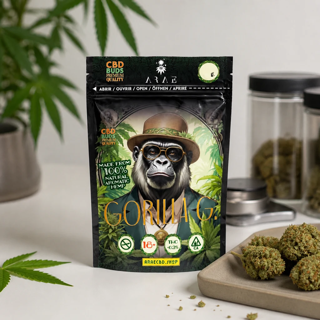 Bolsa Gorilla Glue con cierre superior e ilustración de un gorila con sombrero y gafas, junto a cogollos sobre una bandeja.