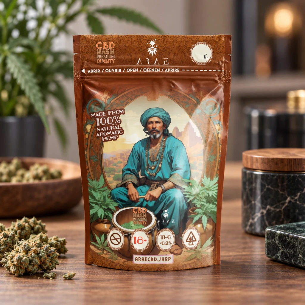 Bolsa marrón con cierre superior, texto «CBD HASH» e ilustración de un hombre con turbante, sobre una mesa junto a cogollos y recipientes.