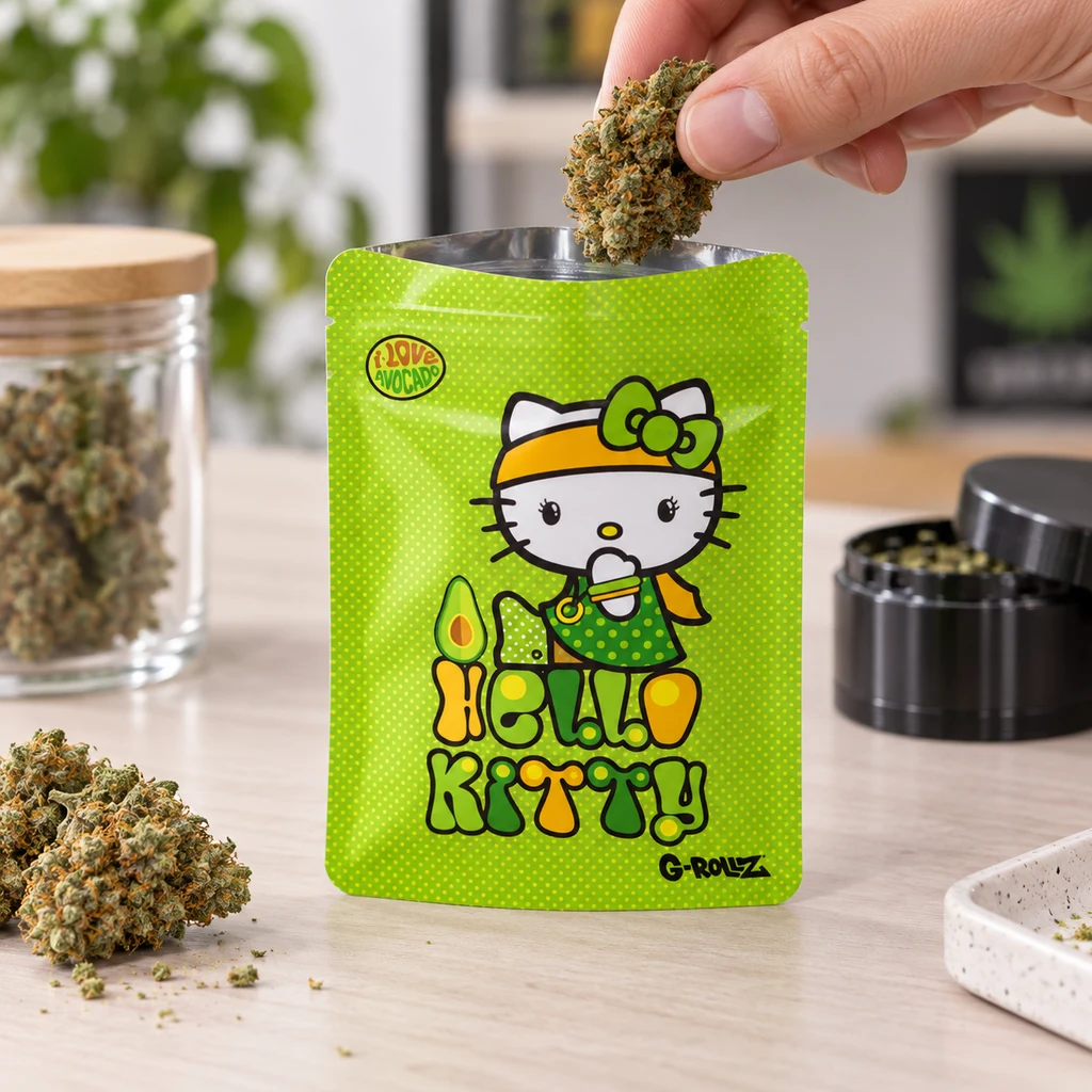 Una mano introduce un cogollo en una bolsa verde abierta con Hello Kitty y dibujos de aguacate, sobre una mesa con tarro y grinder.