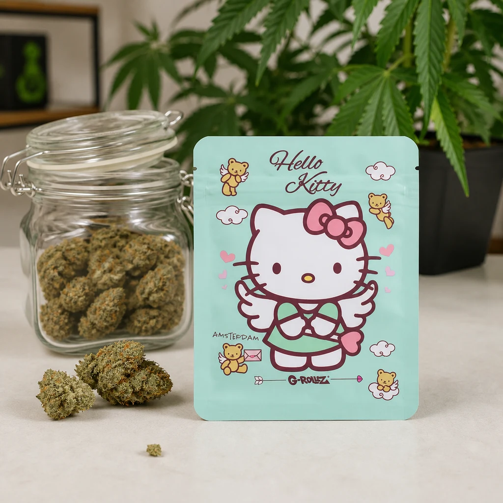 Bolsa turquesa de Hello Kitty con alas, lazo rosa y ositos, junto a un tarro abierto con cogollos y una planta de cannabis al fondo.