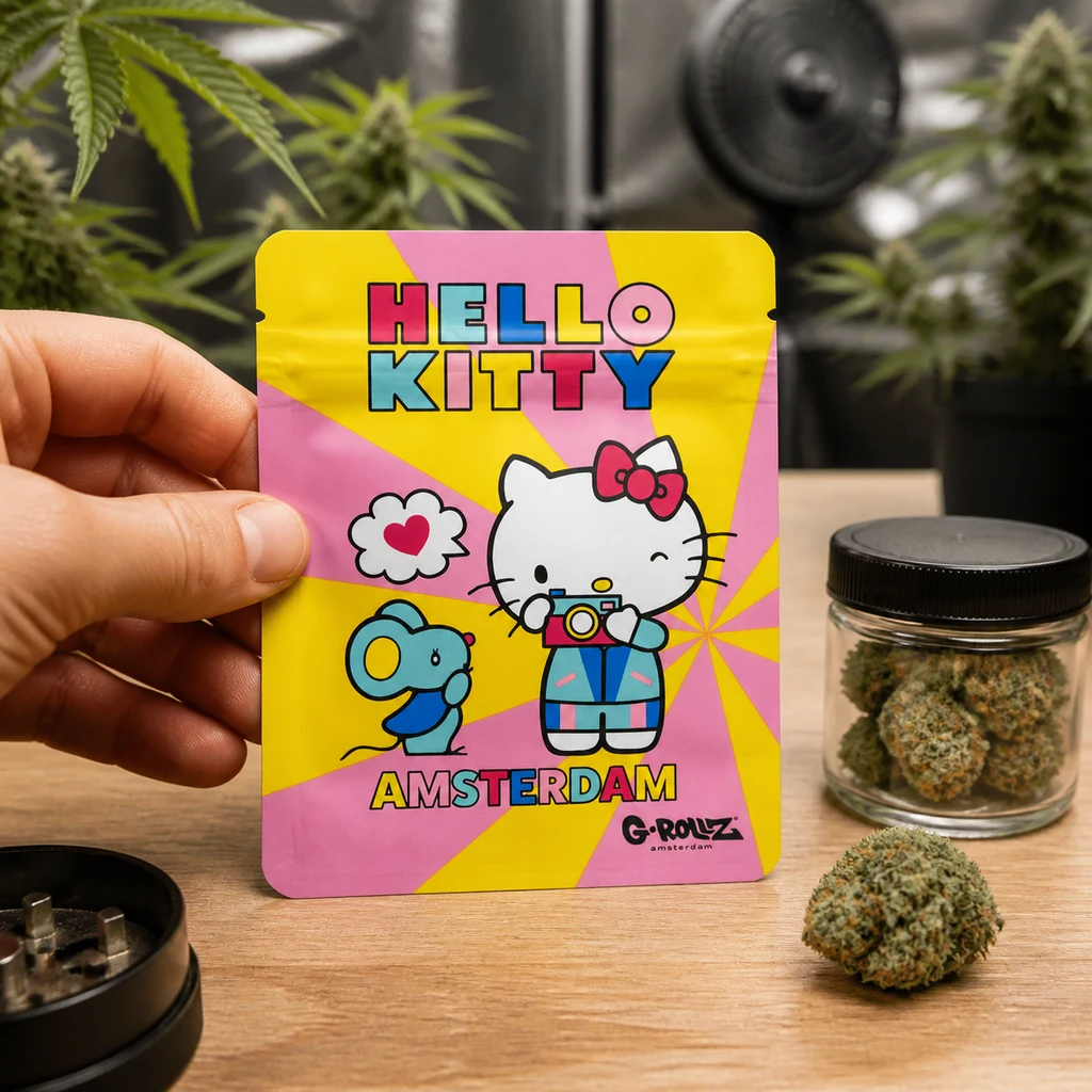Una mano sostiene una bolsa Hello Kitty rosa y amarilla, con texto Amsterdam, junto a un tarro con cogollos y un grinder.