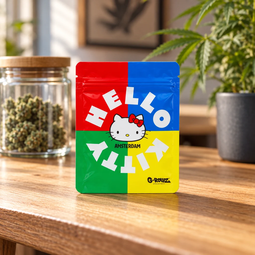 Bolsa con cierre y diseño de Hello Kitty en bloques rojos, azules, verdes y amarillos, sobre una mesa junto a un tarro y una planta. Bolsa con cierre y diseño de Hello Kitty en bloques rojos, azules, verdes y amarillos, sobre una mesa junto a un tarro y una planta.