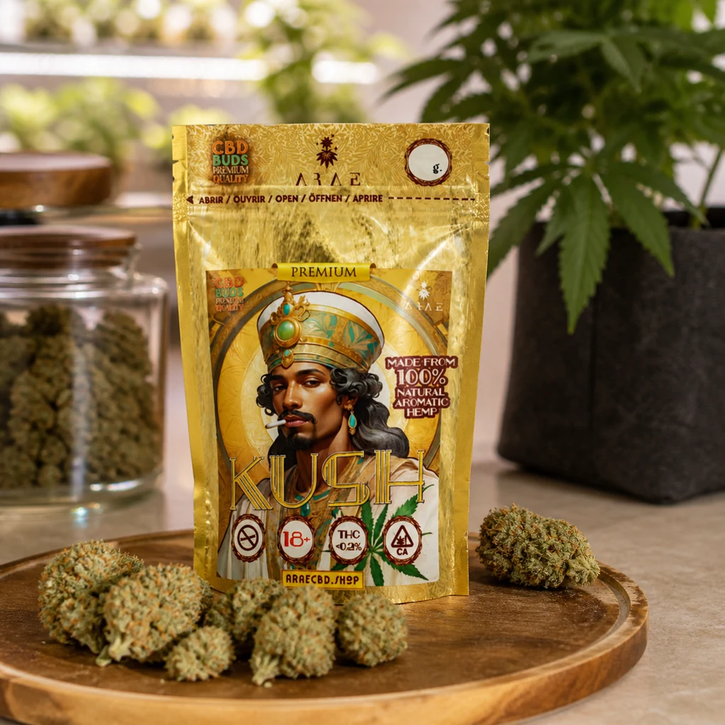 Bolsa dorada con texto Kush e ilustración de un personaje con tocado, sobre una bandeja de madera con cogollos y un tarro al fondo.