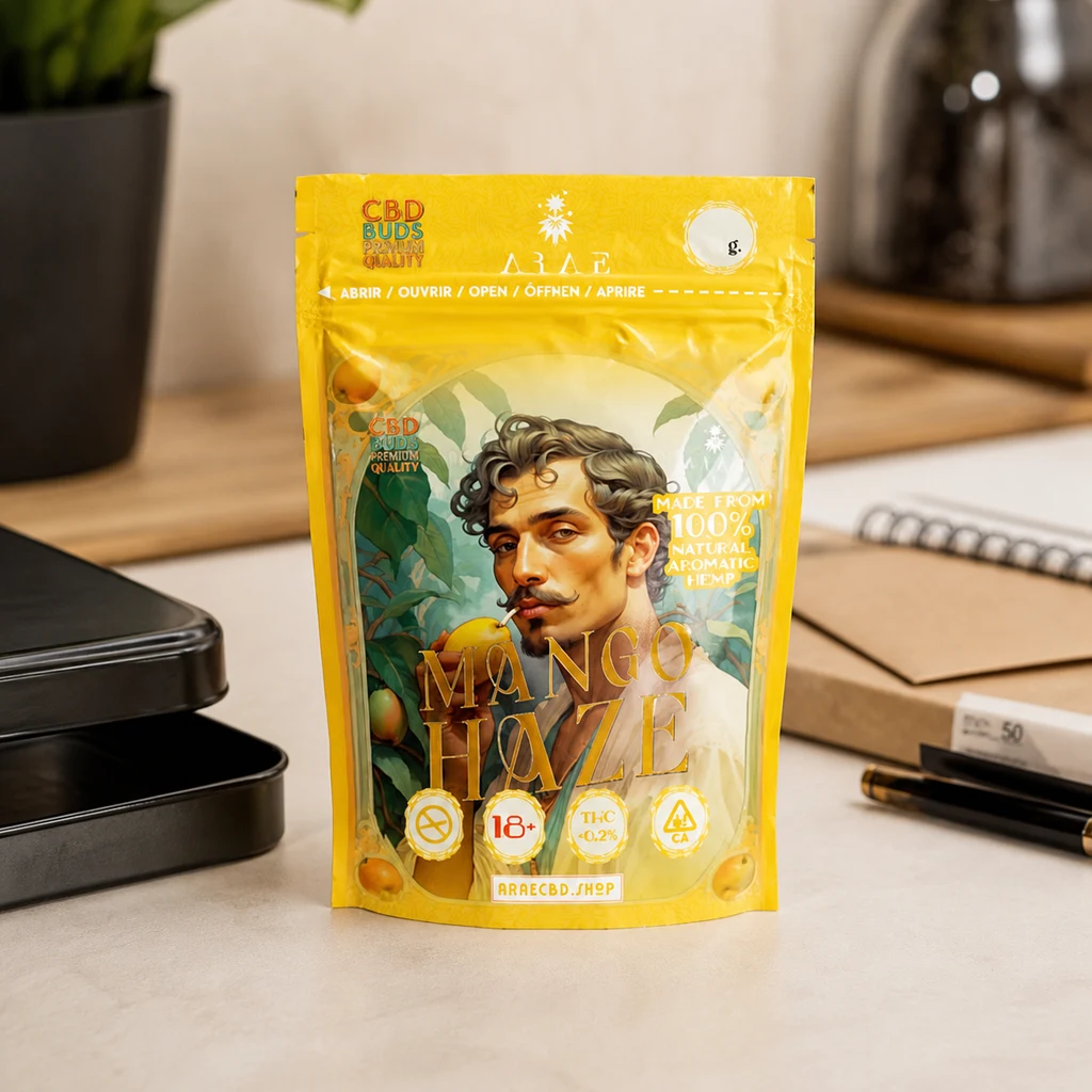Bolsa amarilla Mango Haze con cierre superior e ilustración de un hombre entre mangos, colocada de pie sobre una mesa.