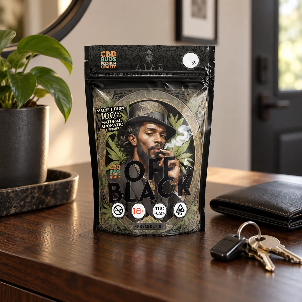 Bolsa negra Off Black con cierre superior e ilustración de un hombre con sombrero, sobre una mesa junto a una cartera y unas llaves.