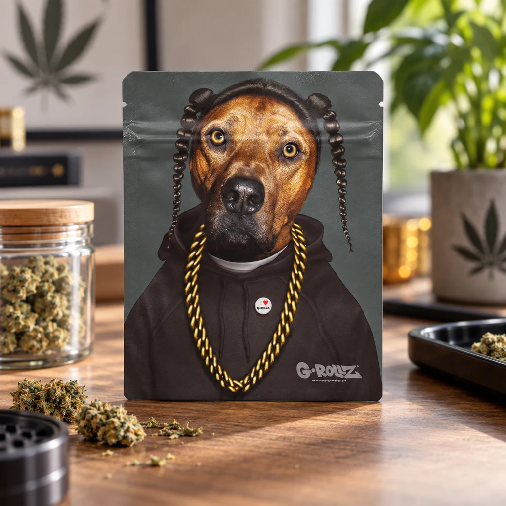 Bolsa G-Rollz Rap Pets con un perro ilustrado con trenzas, sudadera negra y cadena dorada, sobre una mesa junto a cogollos.