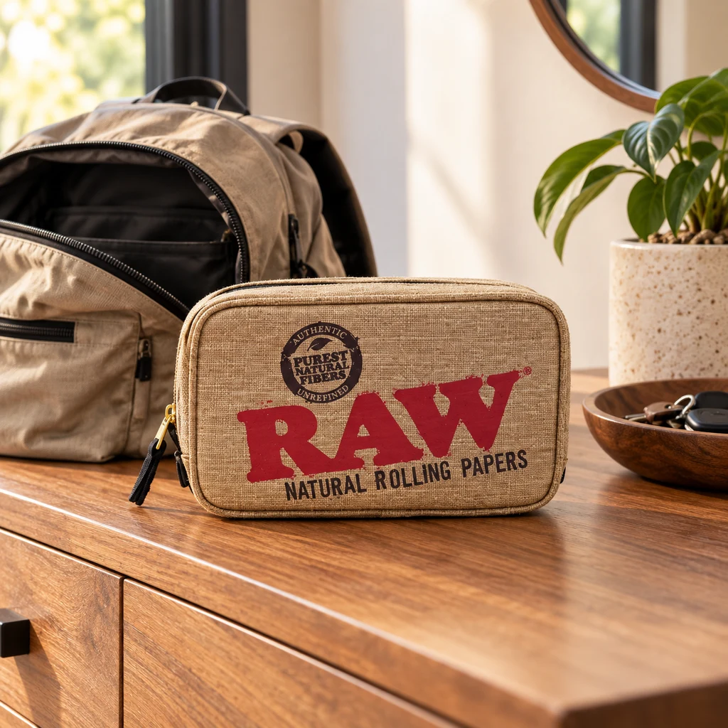 Bolsa RAW de tono beige con cremallera y gran logotipo rojo sobre un mueble de madera, junto a una mochila y una planta. Bolsa RAW de tono beige con cremallera y gran logotipo rojo sobre un mueble de madera, junto a una mochila y una planta.