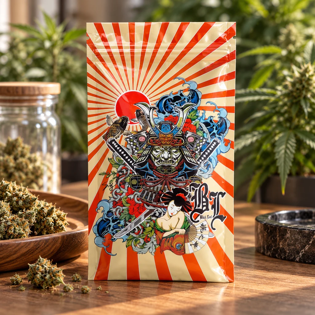 Bolsa Ronin Geisha con rayos rojos sobre fondo crema y motivos de samurái y geisha, sobre una mesa junto a cogollos y un cenicero.