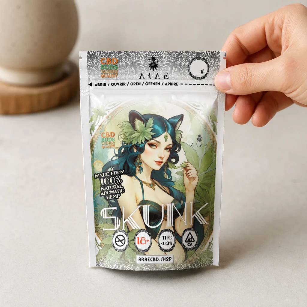 Una mano sostiene una bolsa Skunk con cierre superior, borde plateado e ilustración de una mujer con orejas de gato entre hojas verdes.