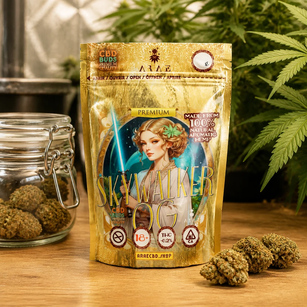 Bolsa dorada Skywalker OG con cierre superior e ilustración de una mujer con espada luminosa, junto a cogollos y un tarro de cristal.