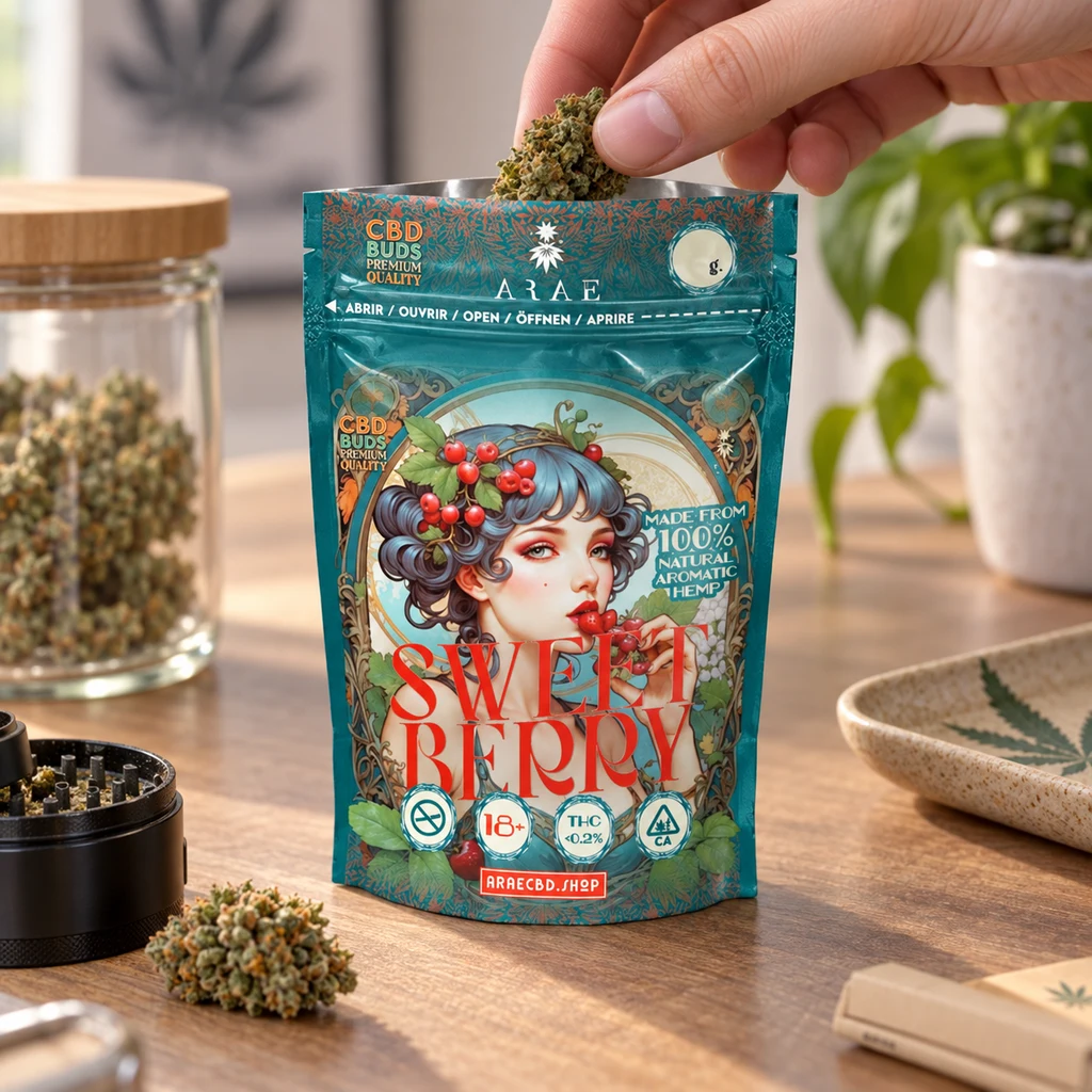 Una mano introduce un cogollo en la bolsa Sweet Berry, de color turquesa y con una mujer ilustrada, sobre una mesa de madera.