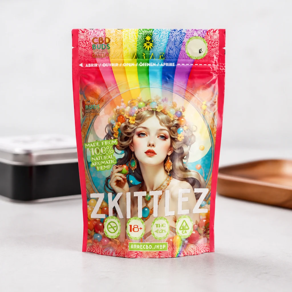 Bolsa Zkittlez roja sobre una encimera, con franjas arcoíris e ilustración de una mujer rodeada de motivos de caramelos.
