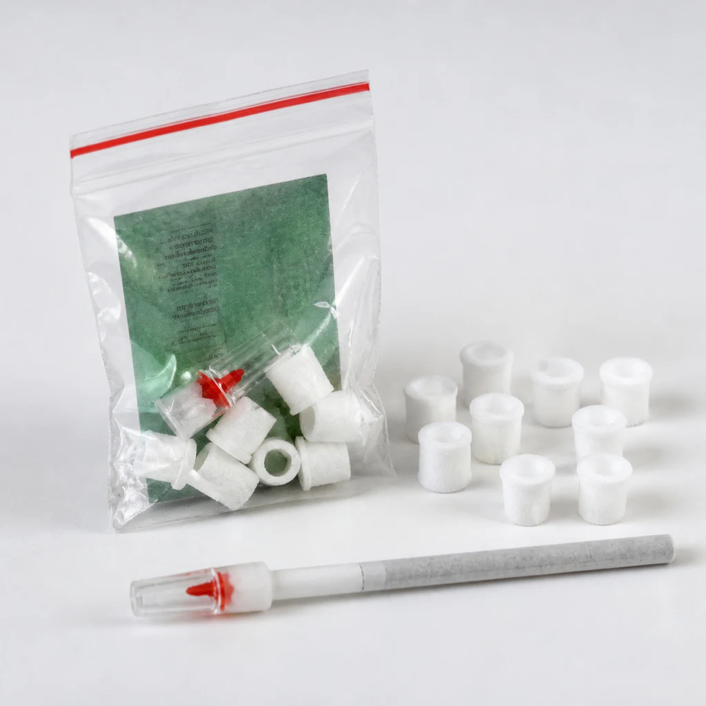 Fundas reductoras blancas TarGard Mini junto a una bolsa transparente y un cigarrillo con boquilla transparente de pieza roja.