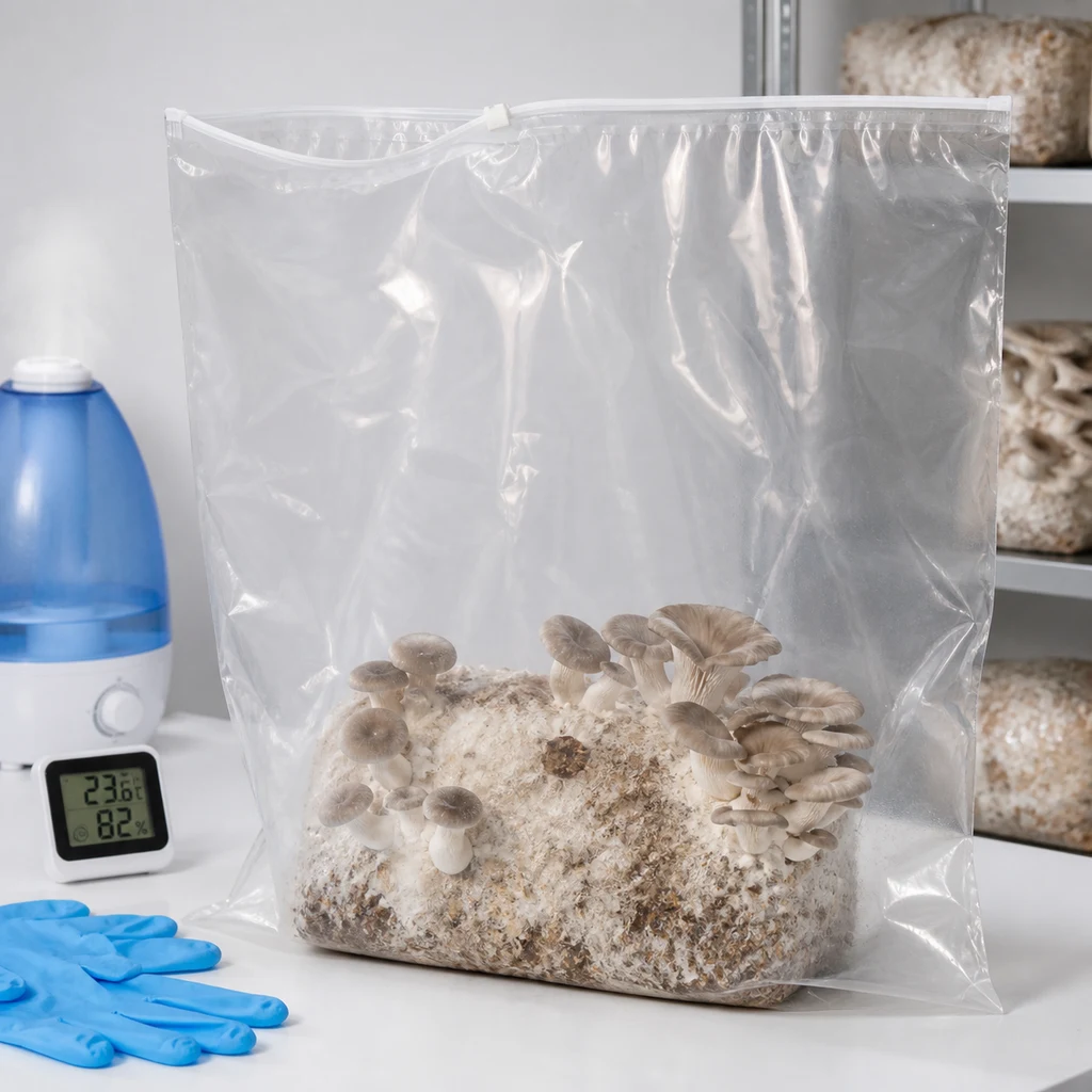 Bolsa transparente con cierre y un bloque de sustrato con setas, junto a guantes azules, un termohigrómetro y un humidificador.