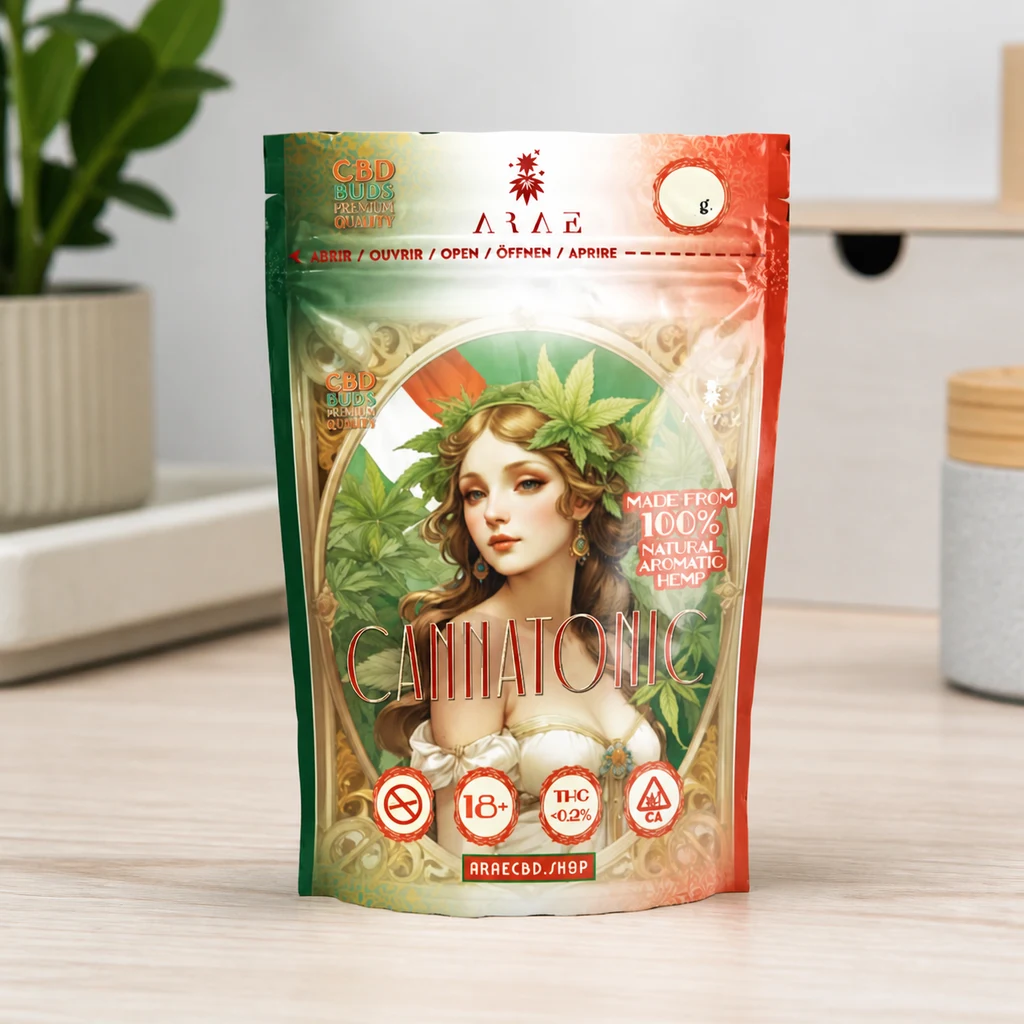 Bolsa Cannatonic de pie sobre una mesa, con bordes verdes y rojos e ilustración de una mujer rodeada de hojas de cannabis.