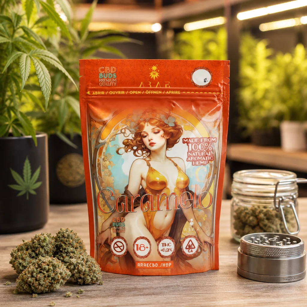 Bolsa naranja Caramelo con cierre y figura femenina ilustrada, sobre una mesa junto a cogollos, un tarro y un triturador metálico.