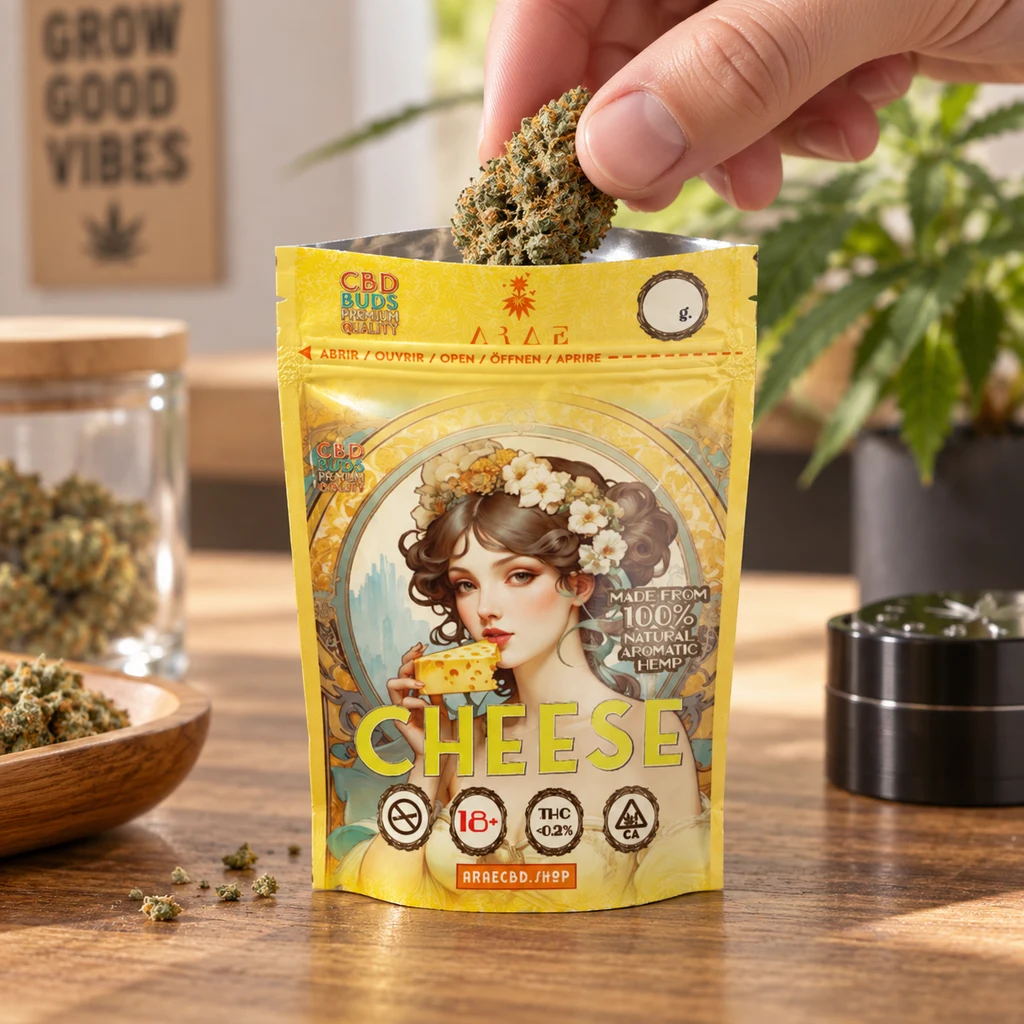 Una mano introduce un cogollo en una bolsa amarilla Cheese Weed, decorada con una mujer con flores en el pelo y un trozo de queso.