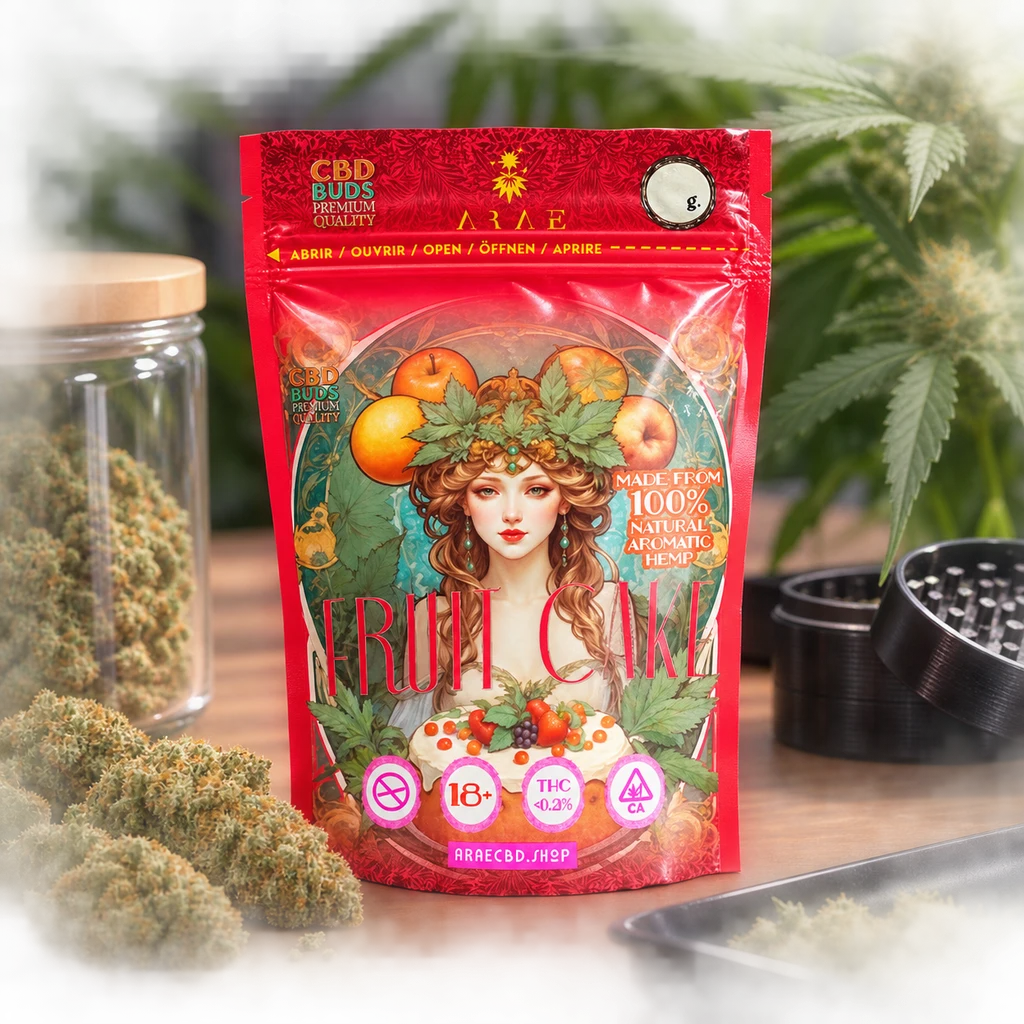 Bolsa roja Fruit Cake con cierre y una mujer ilustrada entre frutas, sobre una mesa con cogollos, un tarro y un grinder abierto.