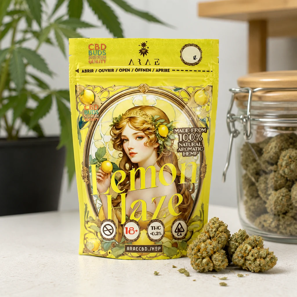 Bolsa amarilla Lemon Haze con retrato femenino y limones, junto a cogollos sobre una mesa y un tarro de cristal al fondo.