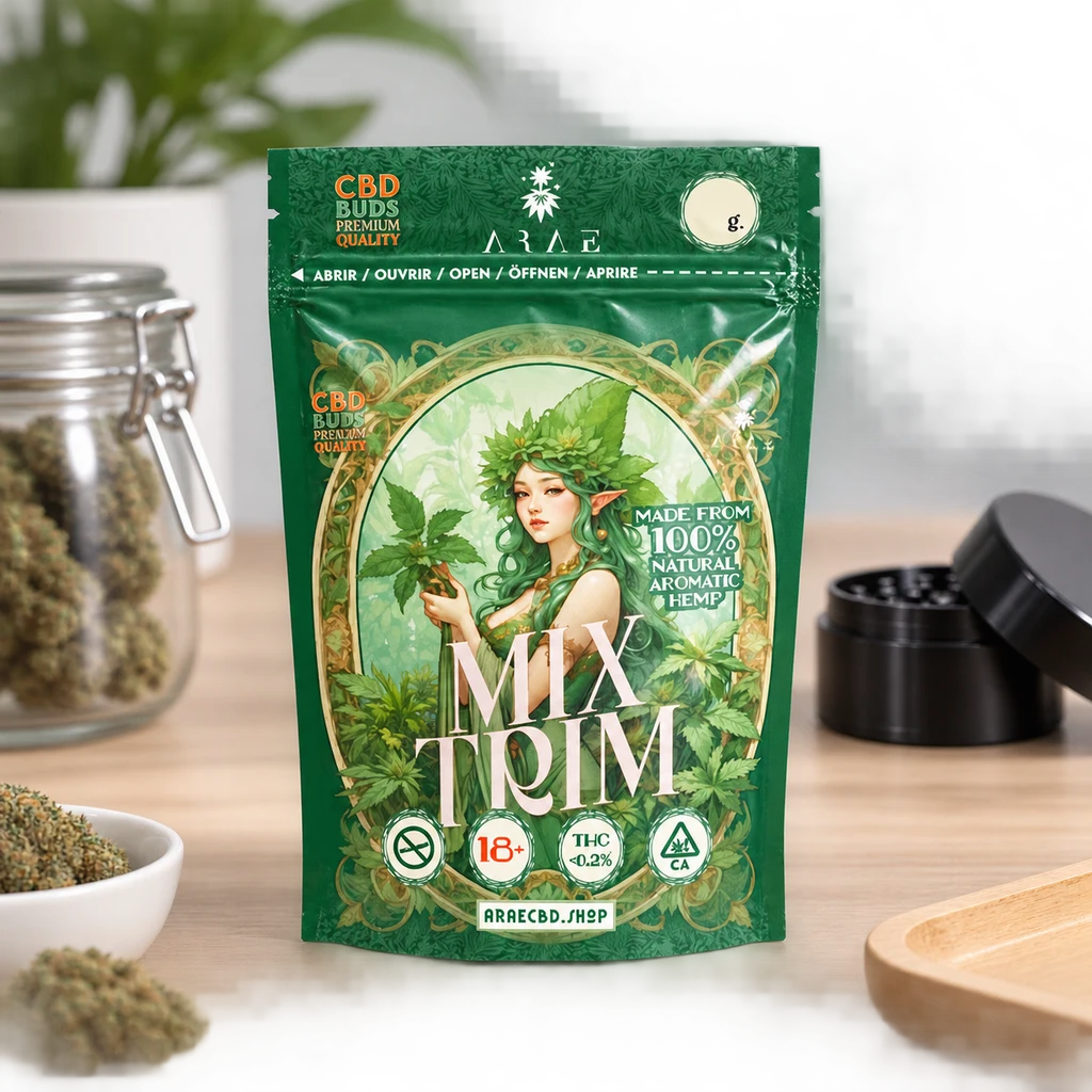 Bolsa verde Mix Trim con cierre superior e ilustración de una figura de pelo verde entre hojas, junto a un tarro y un grinder.