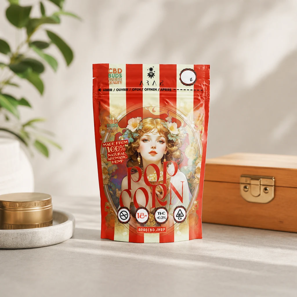 Escena generada de una bolsa Pop Corn con franjas rojas y crema e ilustración de mujer, sobre una mesa junto a una caja de madera.