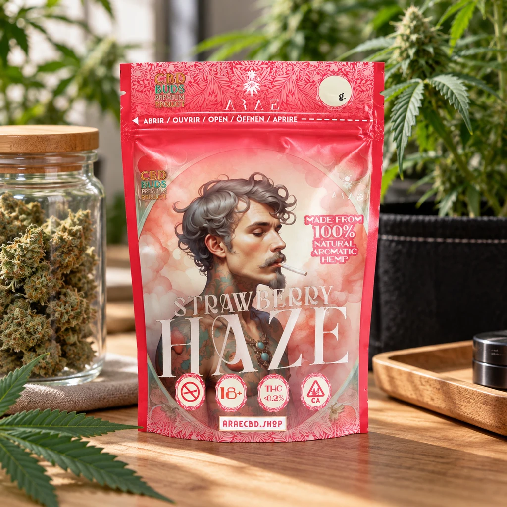 Bolsa rosa Strawberry Haze con retrato ilustrado de un hombre, sobre una mesa junto a un tarro con cogollos y plantas al fondo.
