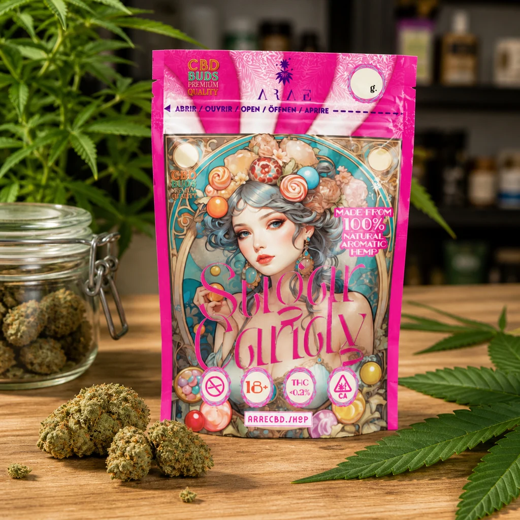 Bolsa rosa Sugar Candy con ilustración de una mujer y dulces, rodeada de cogollos, hojas y un tarro sobre una mesa de madera.