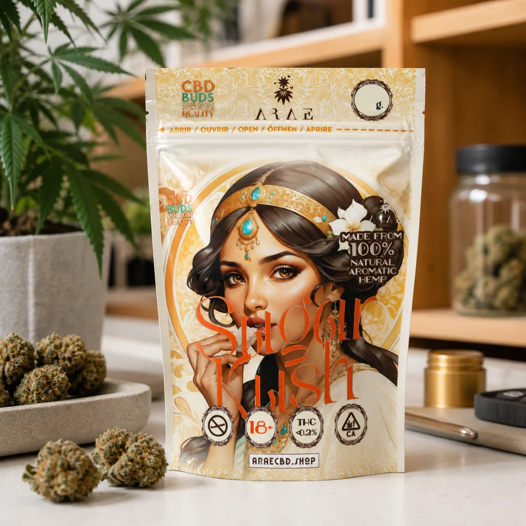 Bolsa Sugar Kush de pie, con cierre superior e ilustración de una mujer con joyas, rodeada de cogollos sobre una mesa.