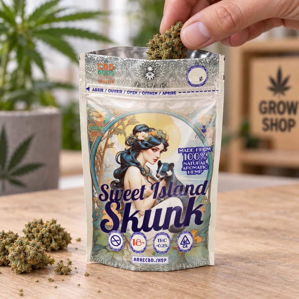 Una mano introduce un cogollo en una bolsa Sweet Island Skunk abierta, con una mujer y una mofeta ilustradas en el frontal.