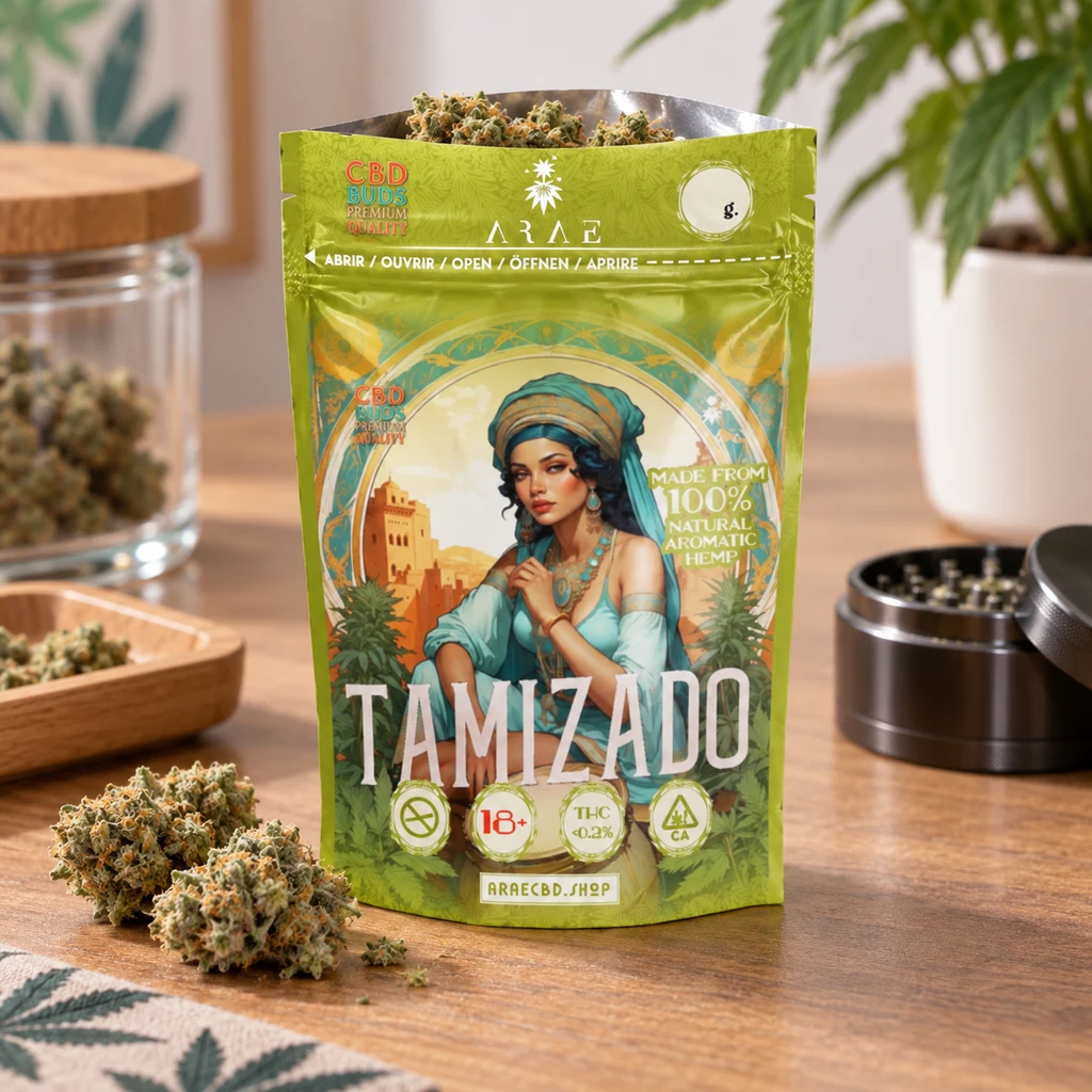 Bolsa verde abierta con el texto «Tamizado» y una mujer ilustrada, sobre una mesa con cogollos, un tarro y un grinder.