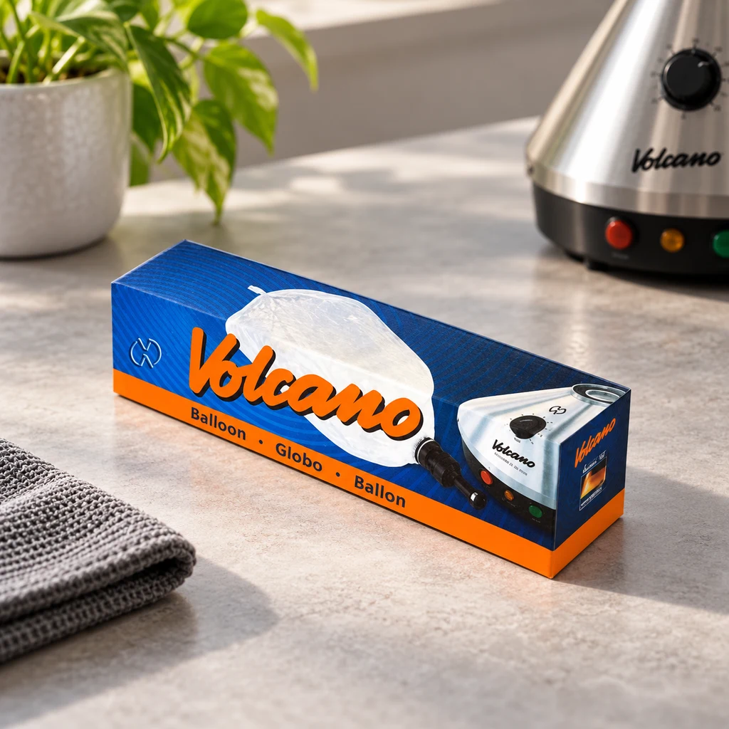 Caja azul y naranja de globos Volcano sobre una encimera, con un vaporizador Volcano y una planta al fondo.