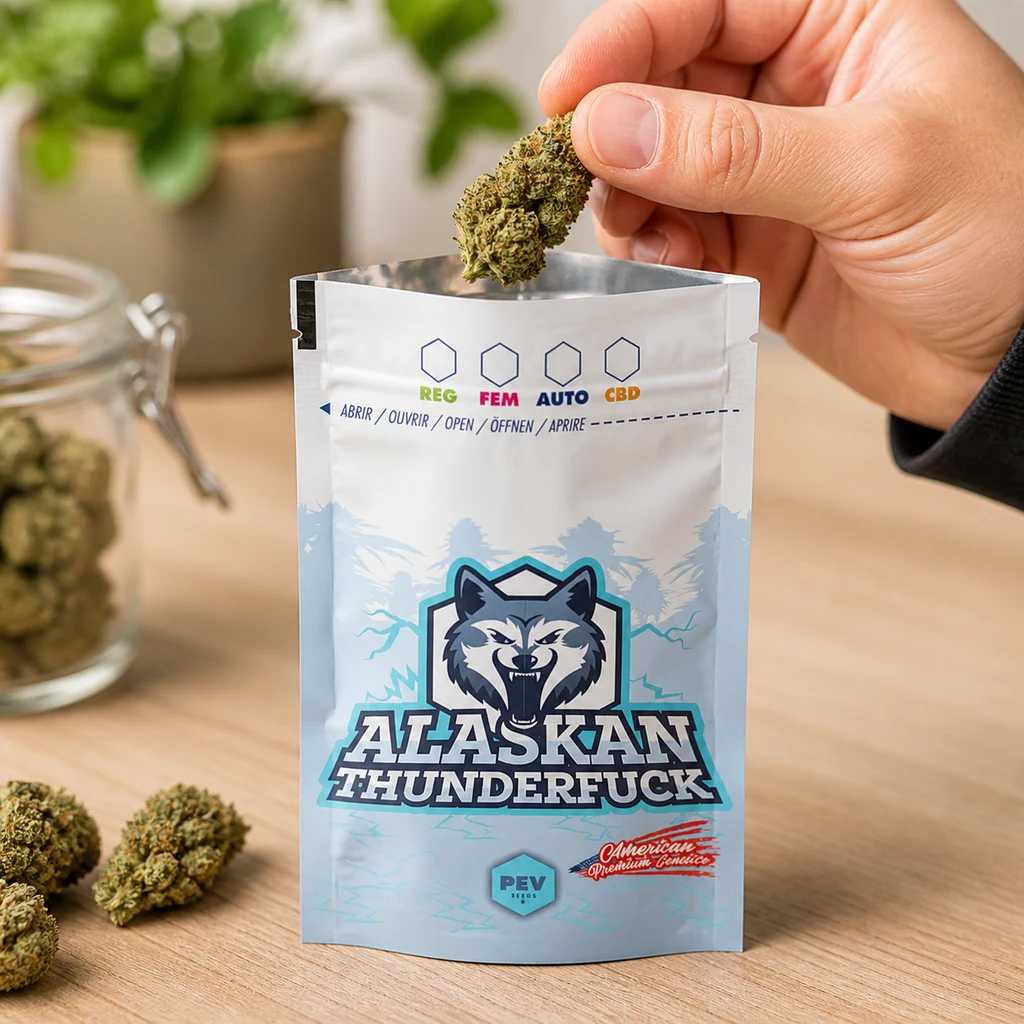 Una mano sostiene un cogollo sobre la abertura de una bolsa Alaskan ThunderFuck azul claro, decorada con la cabeza de un lobo.