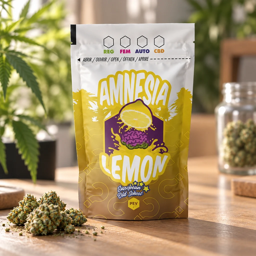 Bolsa PEV con el texto Amnesia Lemon y dibujos de limón y cerebro, sobre una mesa con cogollos y un tarro al fondo.