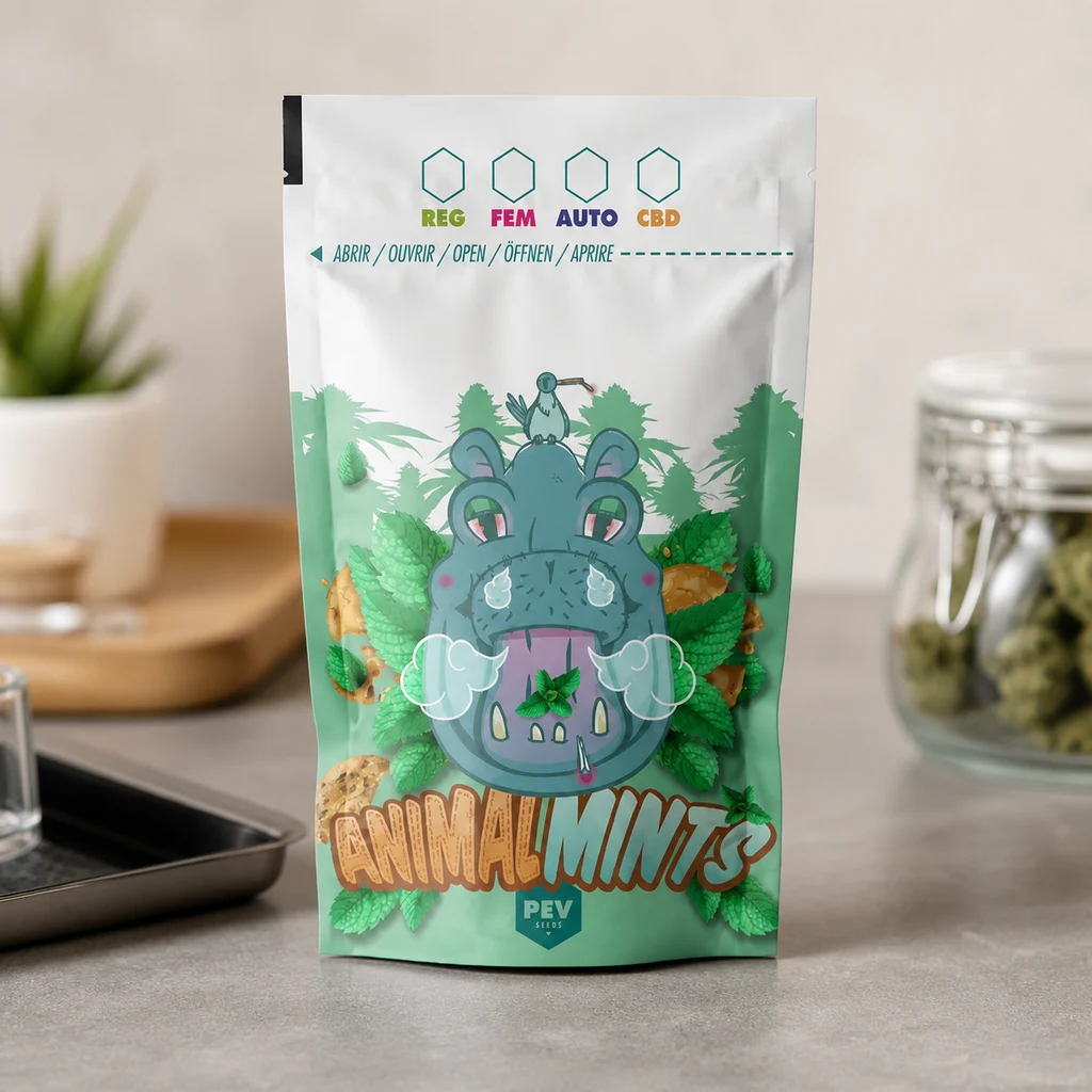 Bolsa Animal Mints blanca y verde sobre una encimera, decorada con un hipopótamo de dibujos, hojas de menta y letras grandes.