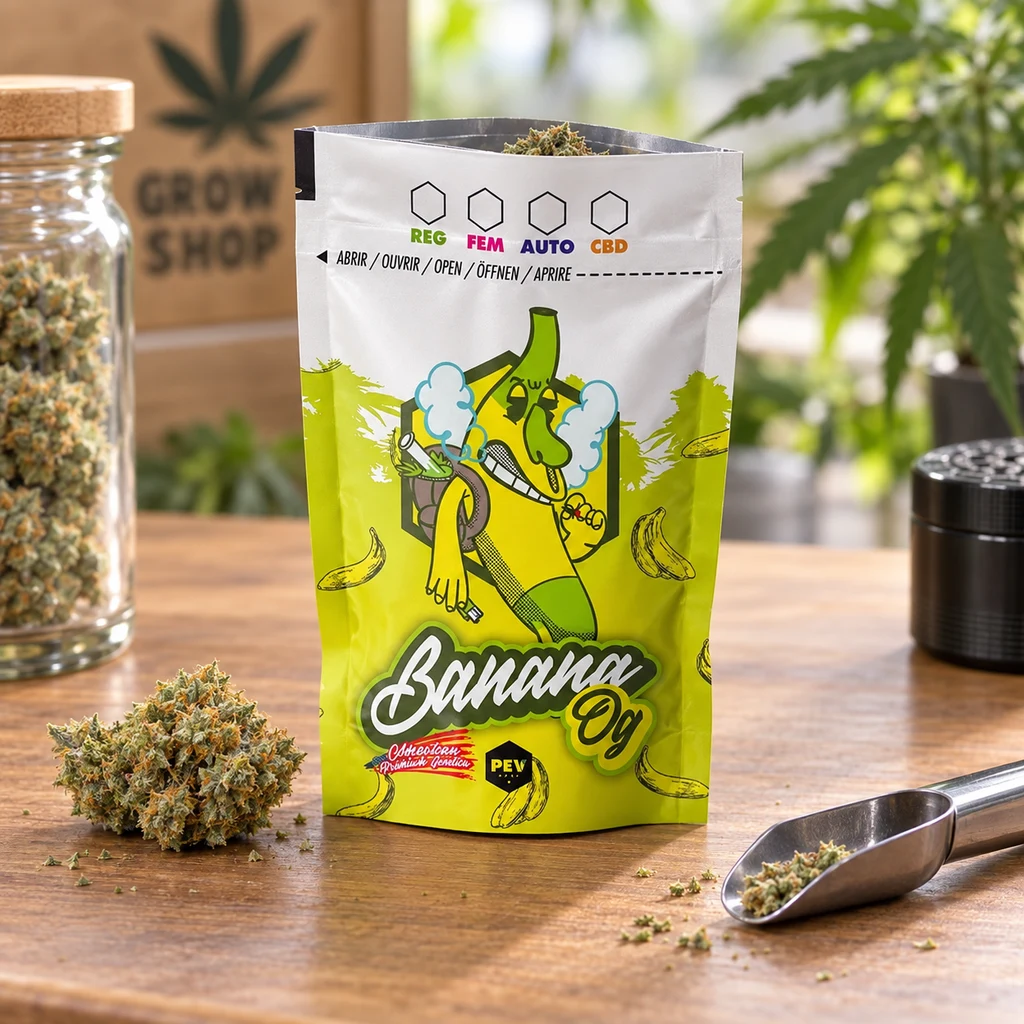 Bolsa Banana OG abierta, amarilla y blanca, con una banana caricaturizada, sobre una mesa con cogollos, un tarro y una pala.