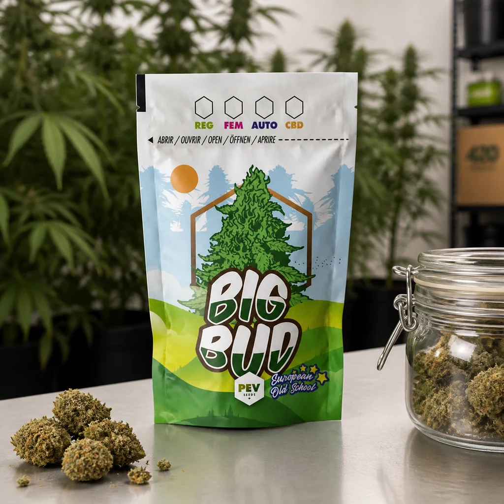 Bolsa Big Bud de PEV Seeds con diseño verde y una planta ilustrada, sobre una mesa junto a cogollos y un tarro de cristal.