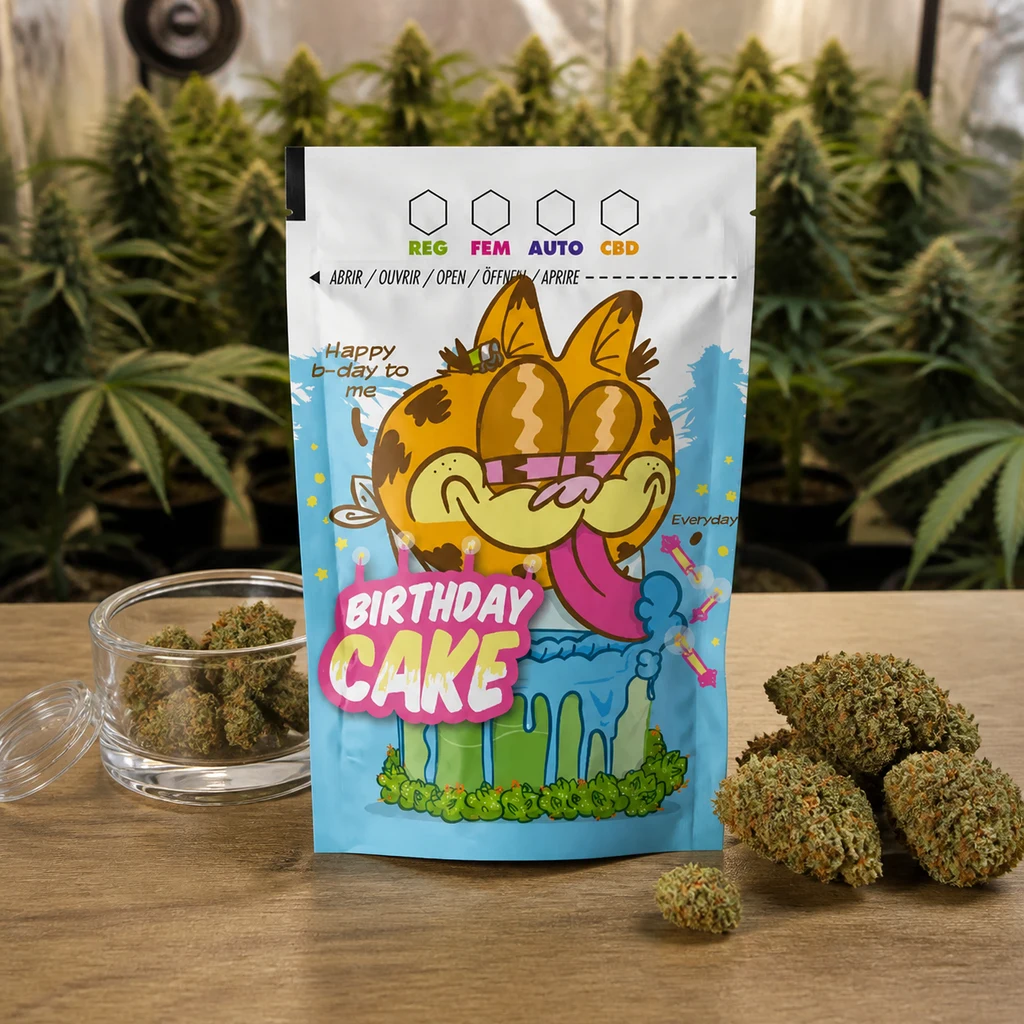 Bolsa Birthday Cake con un gato de dibujos y una tarta, sobre una mesa con cogollos y plantas al fondo.