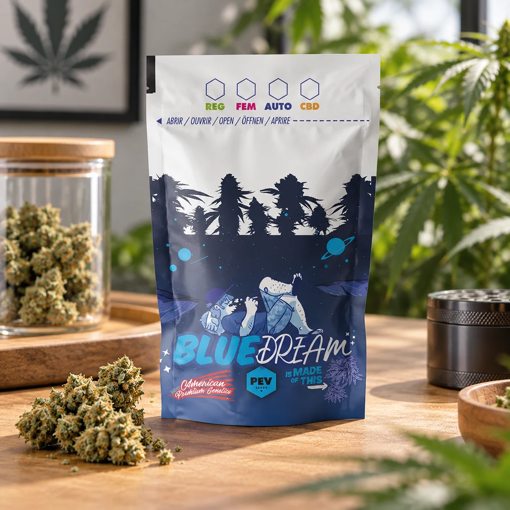 Bolsa Blue Dream azul y blanca con ilustración espacial, sobre una mesa con cogollos, un tarro y un grinder en una escena generada.