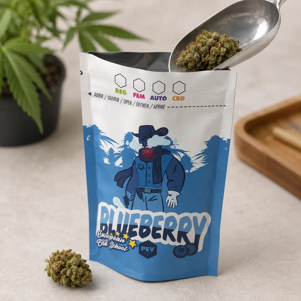 Bolsa Blueberry abierta, blanca y azul con un vaquero ilustrado; una pala metálica sostiene un cogollo sobre la abertura.