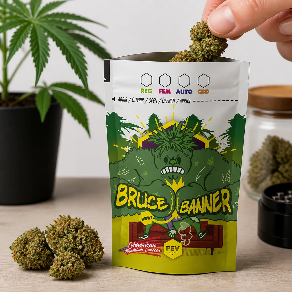Una mano introduce un cogollo en una bolsa Bruce Banner abierta, con un personaje verde ilustrado y varios cogollos sobre la mesa.
