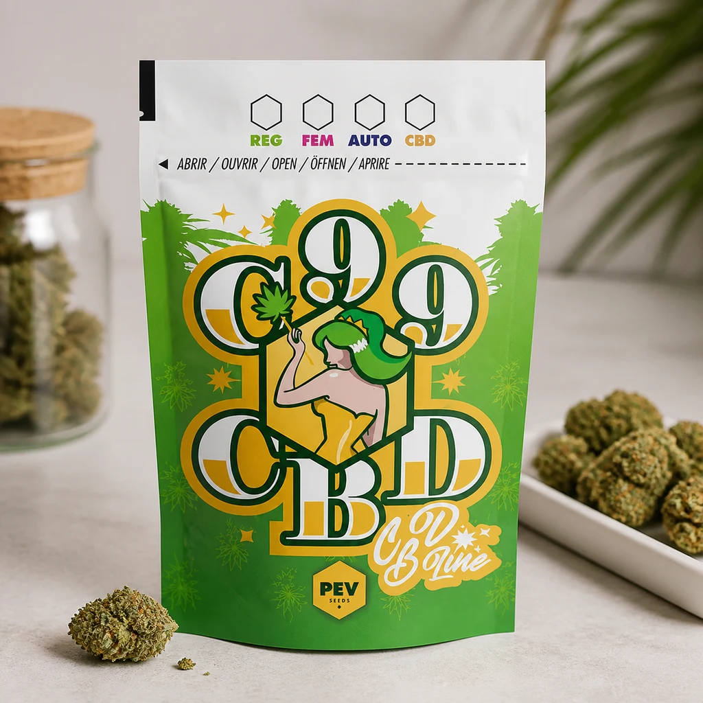 Bolsa C99 verde y amarilla con una figura ilustrada y logotipo PEV Seeds, sobre una mesa con cogollos alrededor.