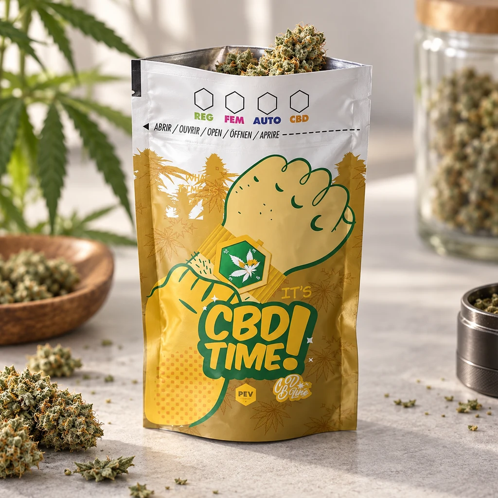 Bolsa amarilla y blanca CBD Time abierta con cogollos asomando, sobre una mesa con flores sueltas, un cuenco y un recipiente.
