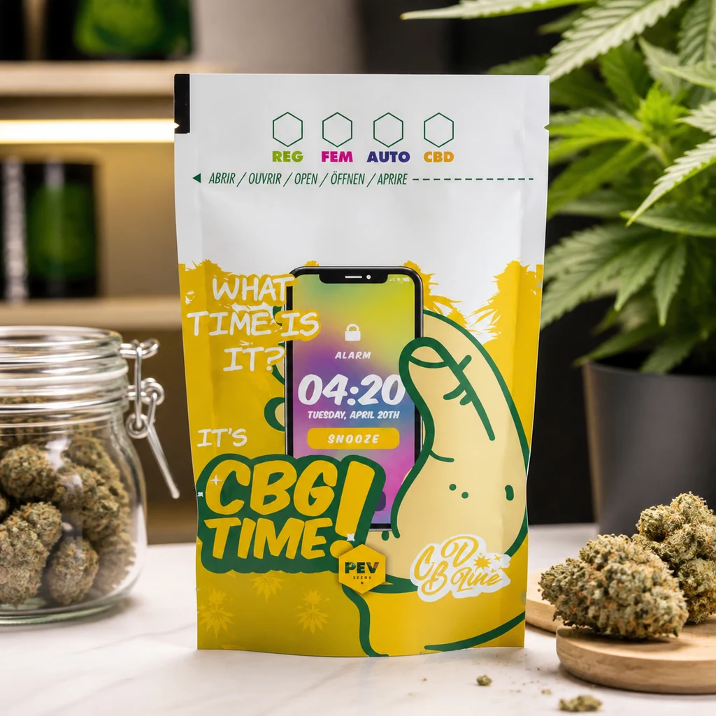 Bolsa CBG Time amarilla y blanca, con un móvil que marca las 04:20 y una mano ilustrada, junto a un tarro y cogollos.