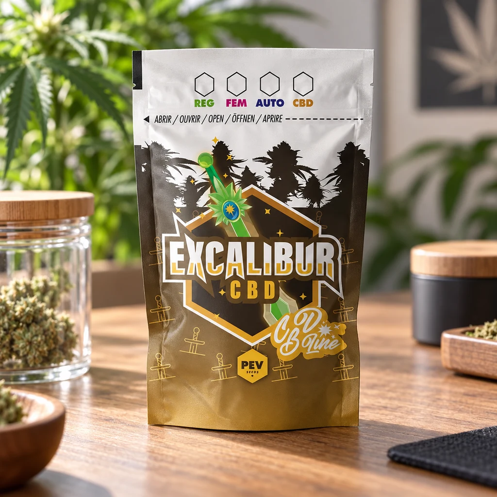 Bolsa Excalibur CBD de pie sobre una mesa, con diseño negro y dorado y una espada verde, entre recipientes y plantas desenfocados.