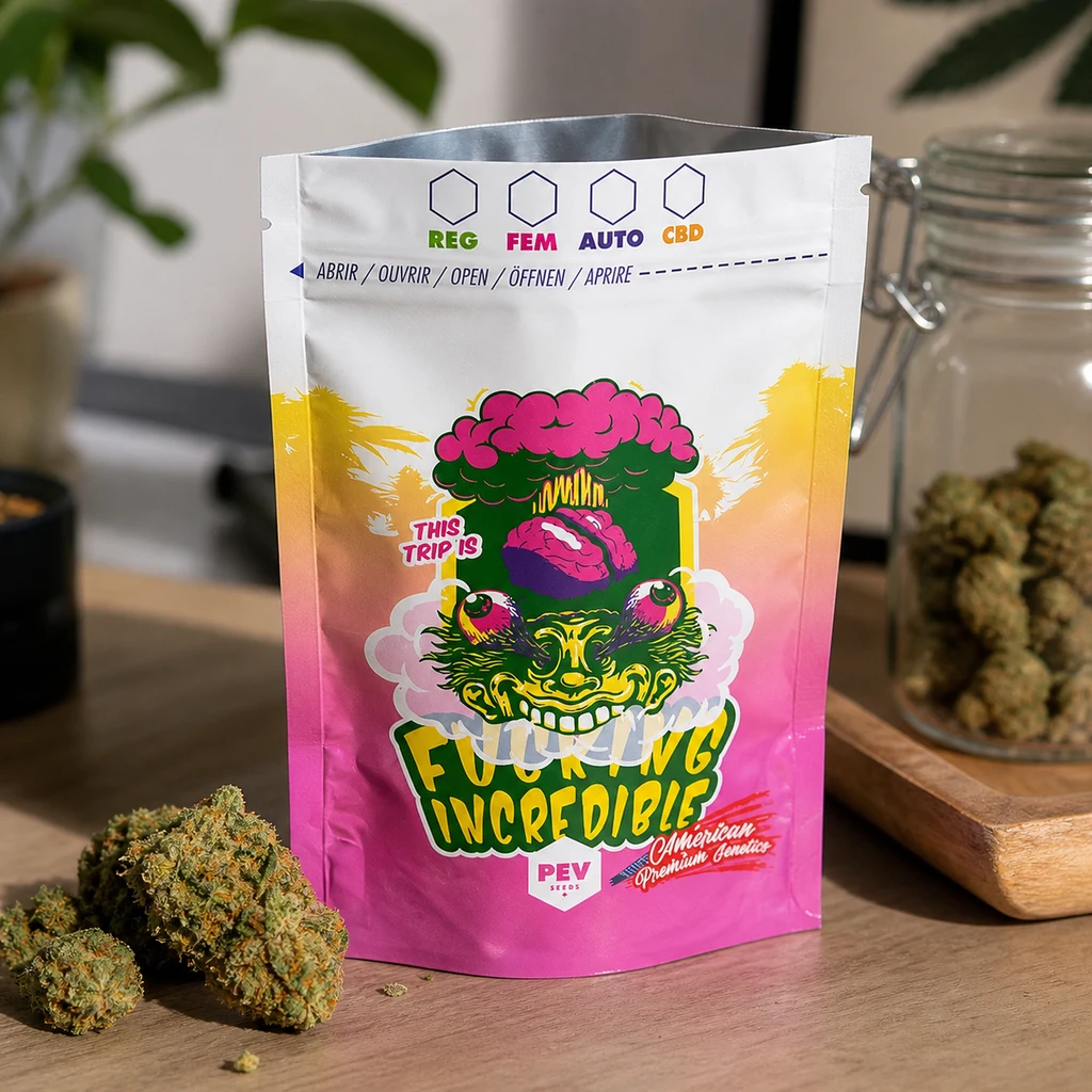 Bolsa Fucking Incredible rosa y blanca con ilustración de un rostro verde, sobre una mesa junto a cogollos y un tarro.