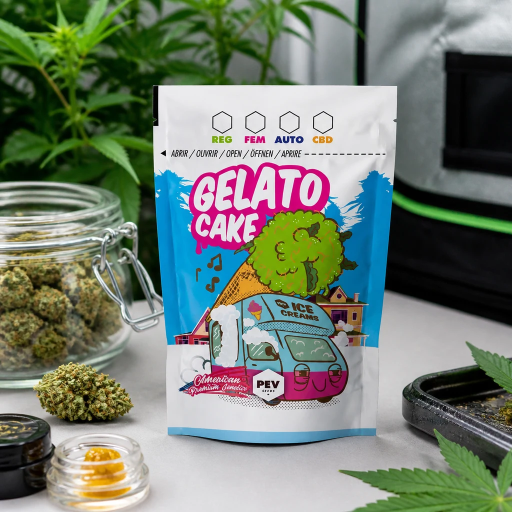 Bolsa Gelato Cake blanca y azul con una furgoneta de helados ilustrada, junto a un tarro con cogollos y plantas al fondo.
